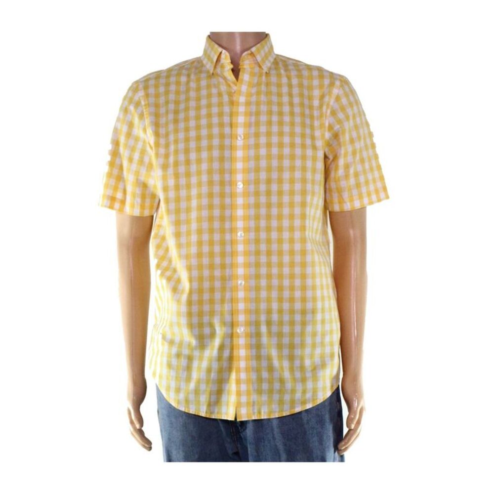 CLUBROOM Mens Yellow Multi-Check Collared Classic Fit Dress Shirt S